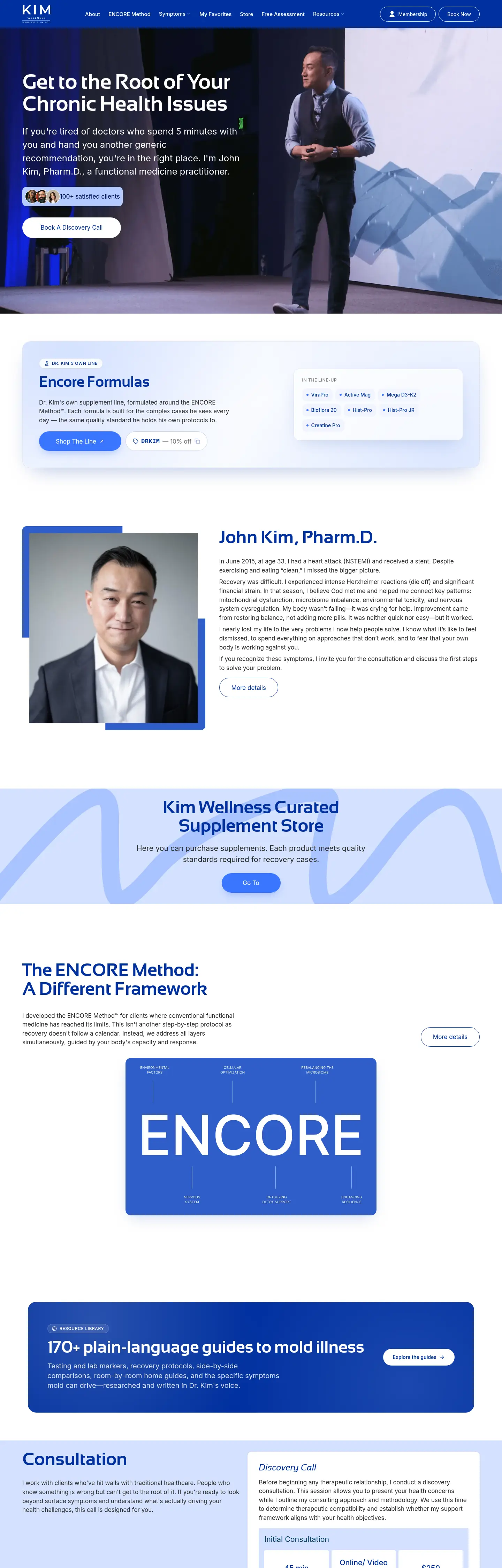Dr. John Kim homepage hero: Get to the Root of Your Chronic Health Issues, with John Kim speaking on stage