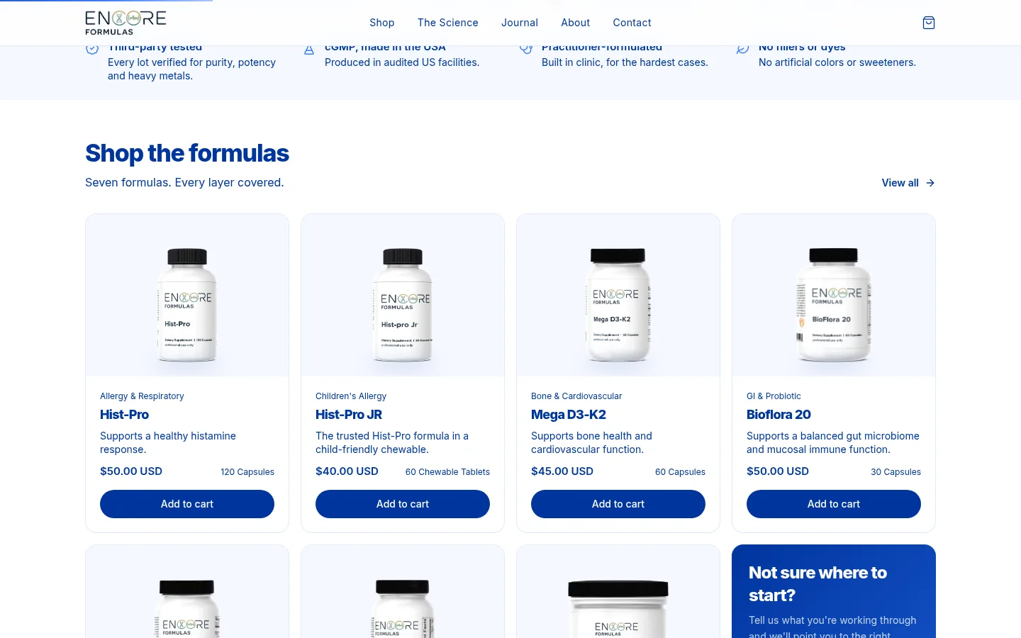Encore Formulas section: Shop the formulas, with a card for each formula