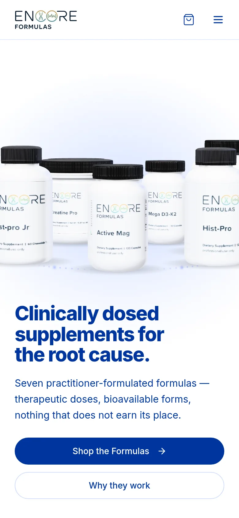 Encore Formulas homepage on a phone