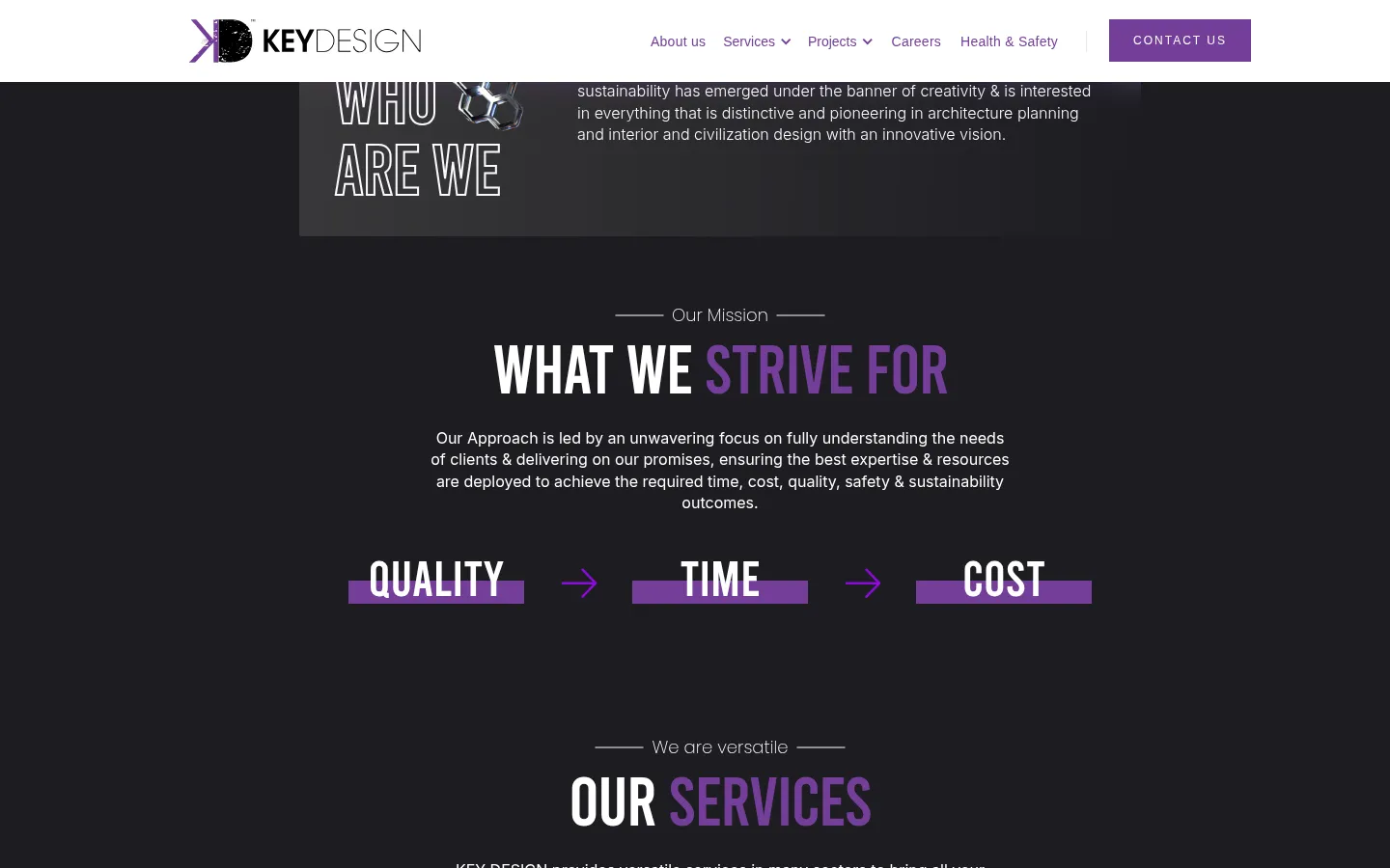 Key Design section: What we strive for, quality, time and cost, then Our services