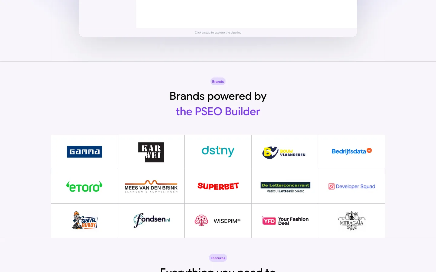 PSEO Builder landing page: brands powered by the PSEO Builder and the tools it includes