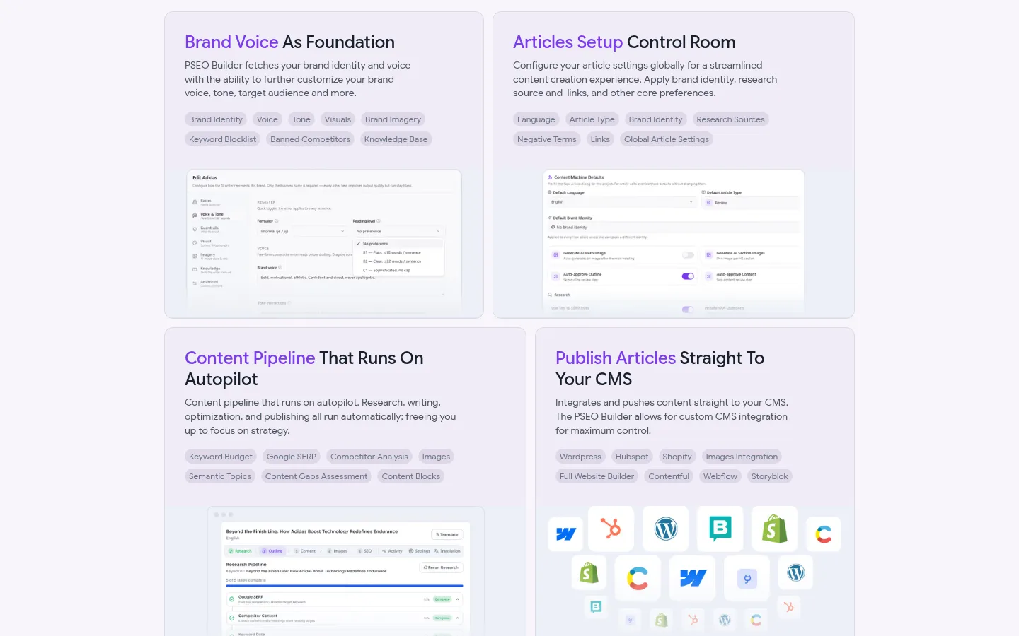 PSEO Builder landing page: the content pipeline features
