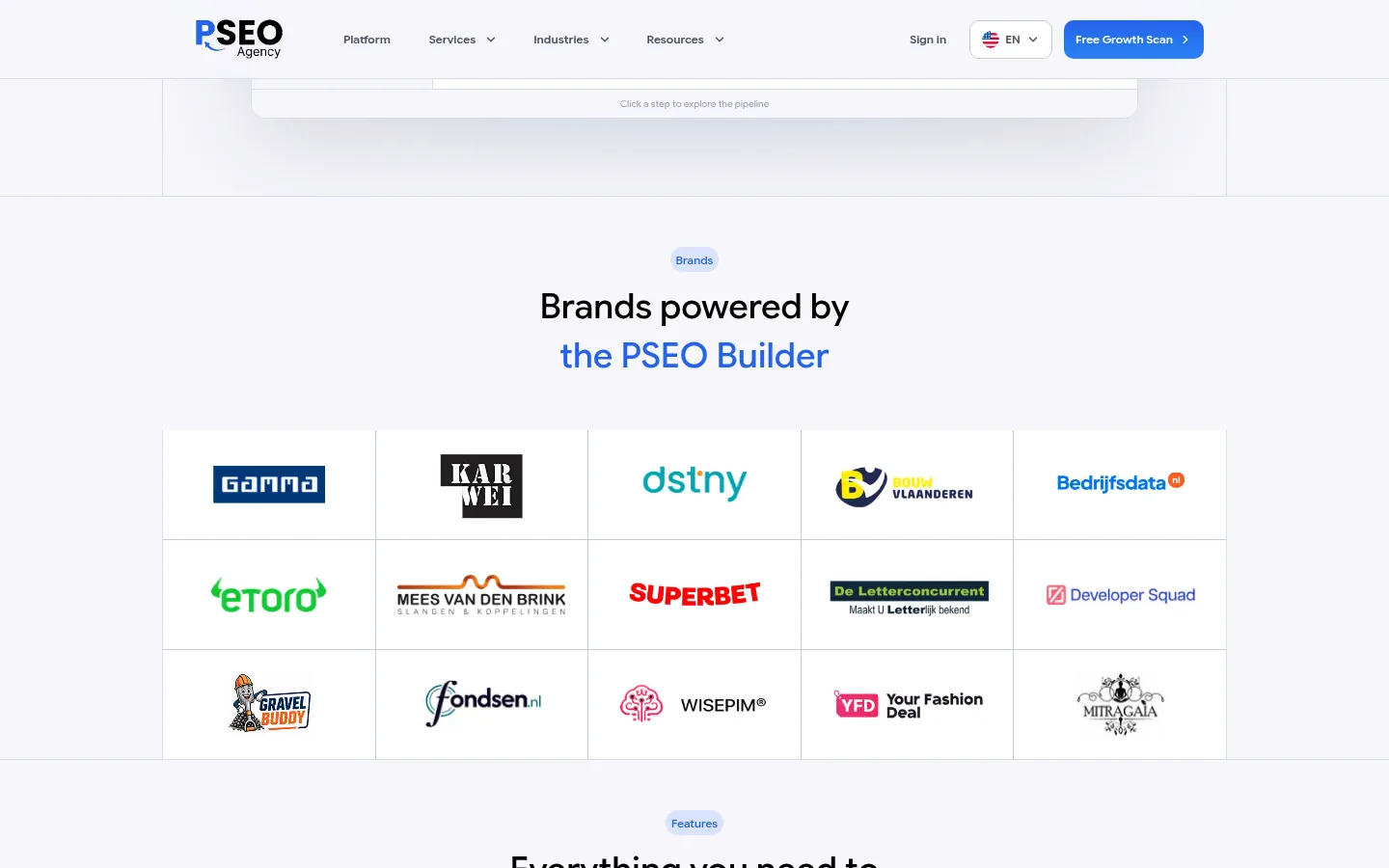 PSEO homepage section listing brands powered by the PSEO Builder