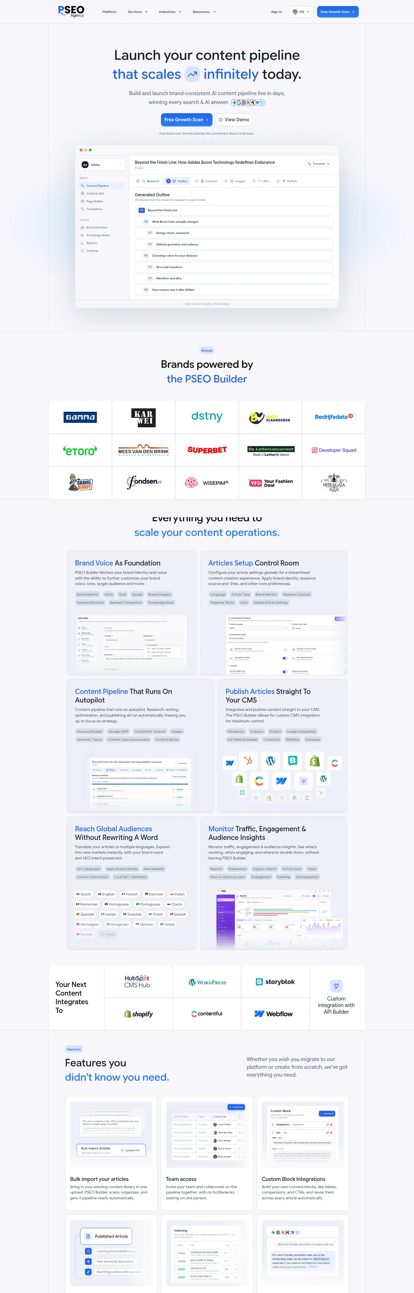 PSEO homepage hero: a headline about launching a content pipeline, with a Free Growth Scan button