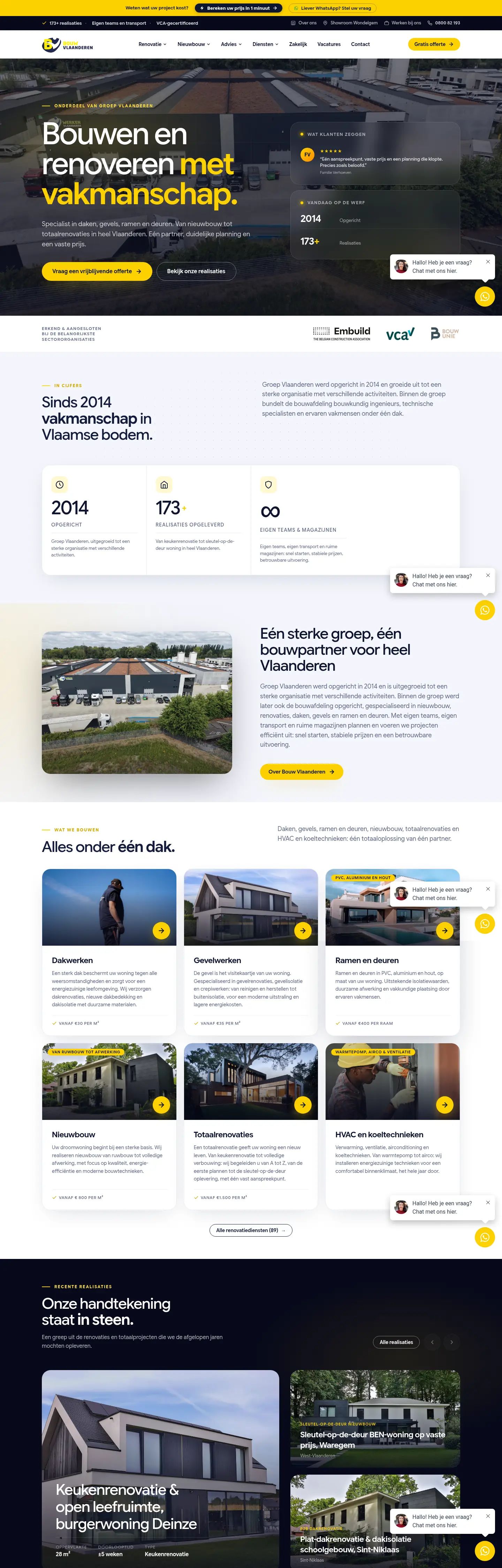 Bouw Vlaanderen homepage hero: Bouwen en renoveren met vakmanschap, over a photo of the company yard