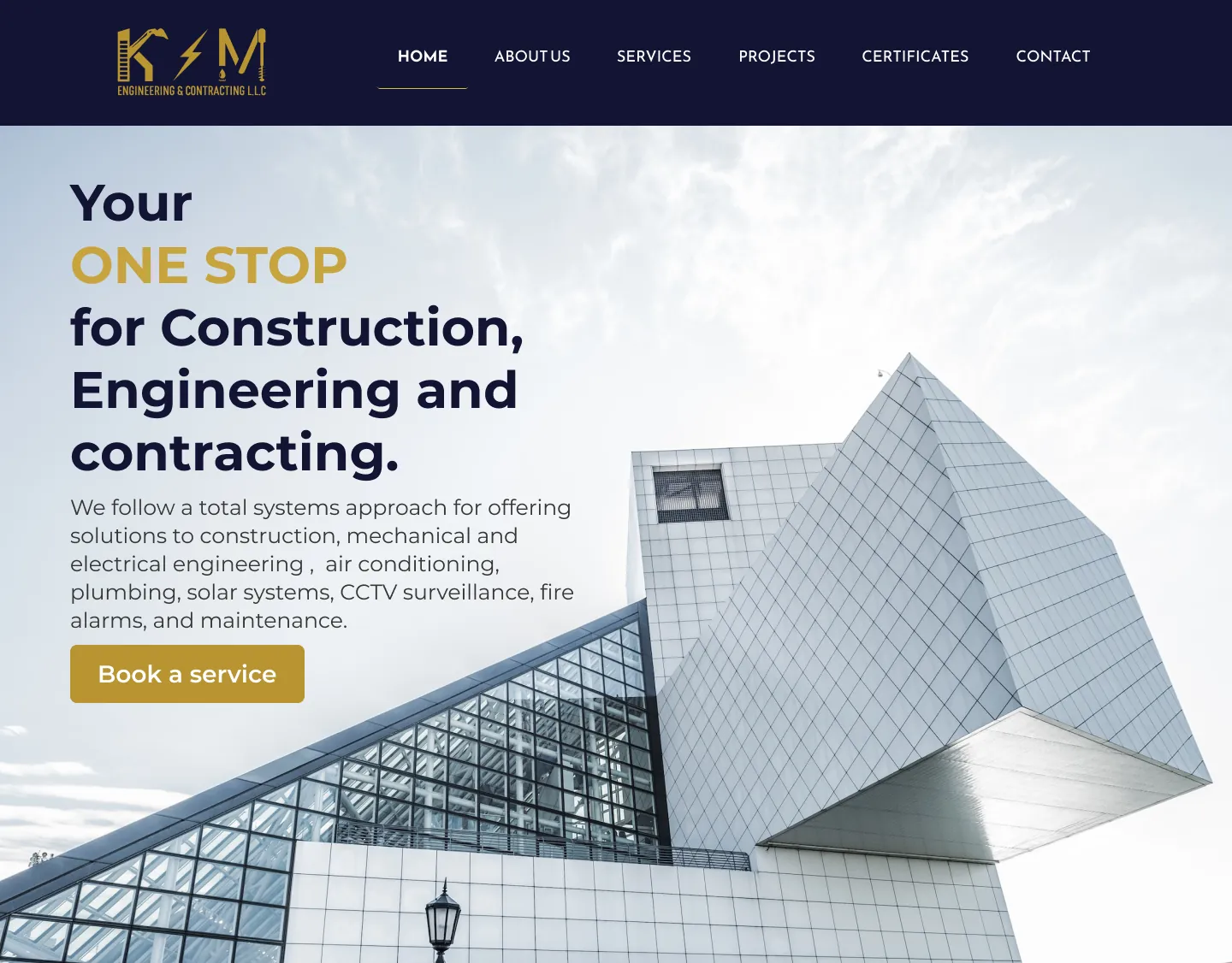 Construction company website design with a bold headline over a photo of a modern building