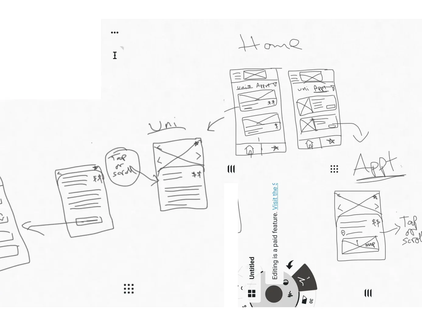 Hand-drawn pencil sketches of the Enrollege app screens on paper