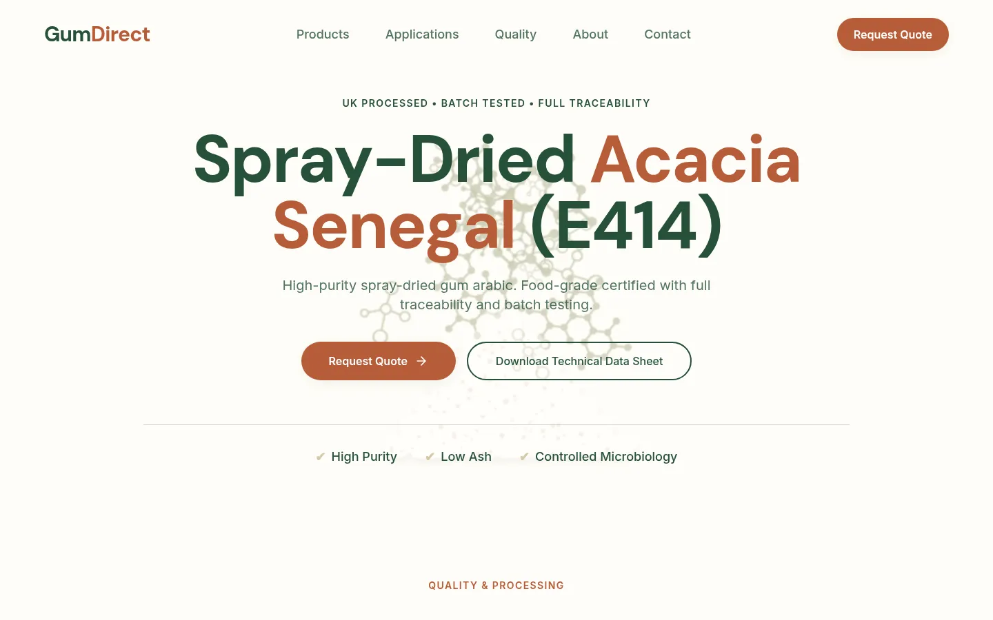 GumDirect hero: Spray-Dried Acacia Senegal (E414), with Request Quote and Download Technical Data Sheet buttons