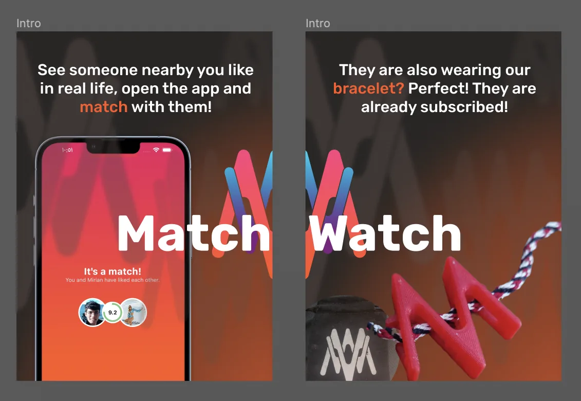 MatchWatch branding: the Match and Watch lettering next to app screens and the bracelet charm