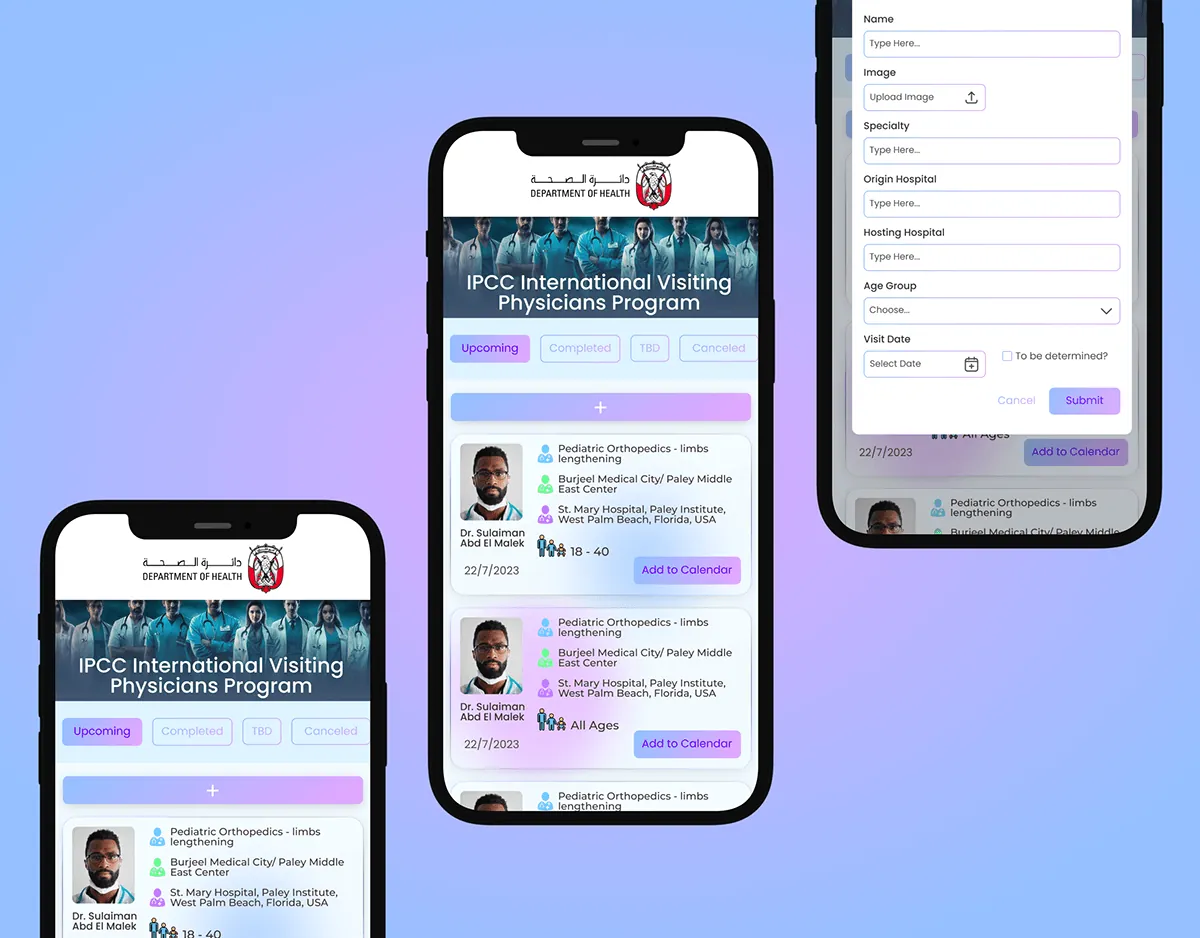 Physician Scheduler web application shown on three phone screens with doctor cards and schedules