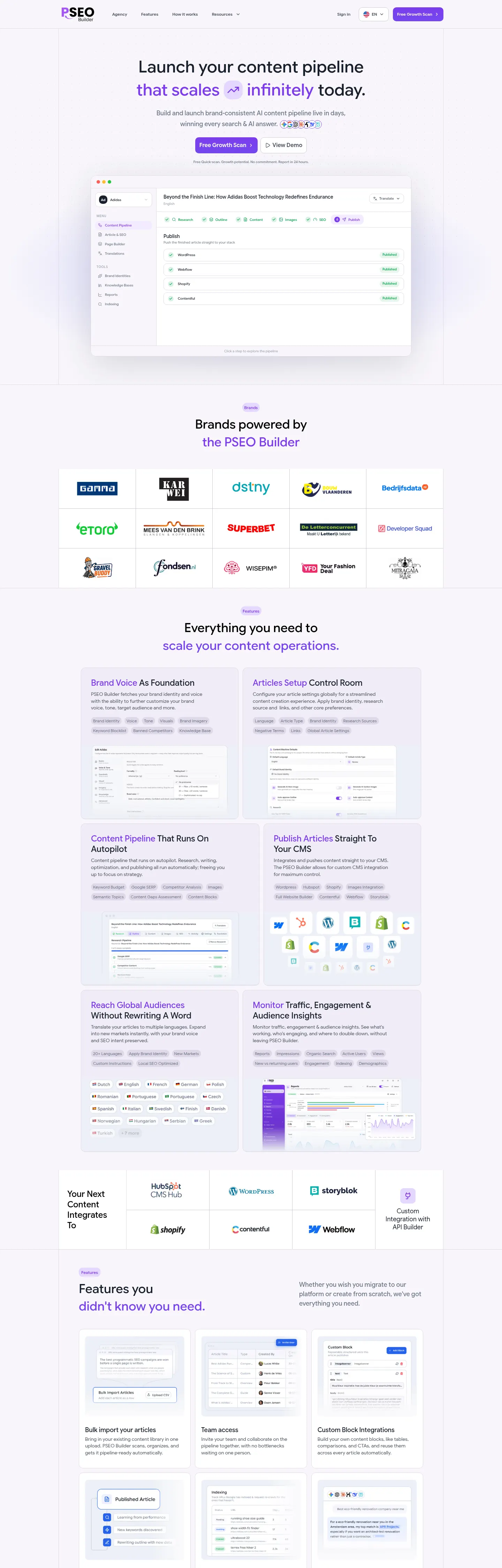 PSEO Builder landing page hero: Launch your content pipeline that scales infinitely today, above a view of the app