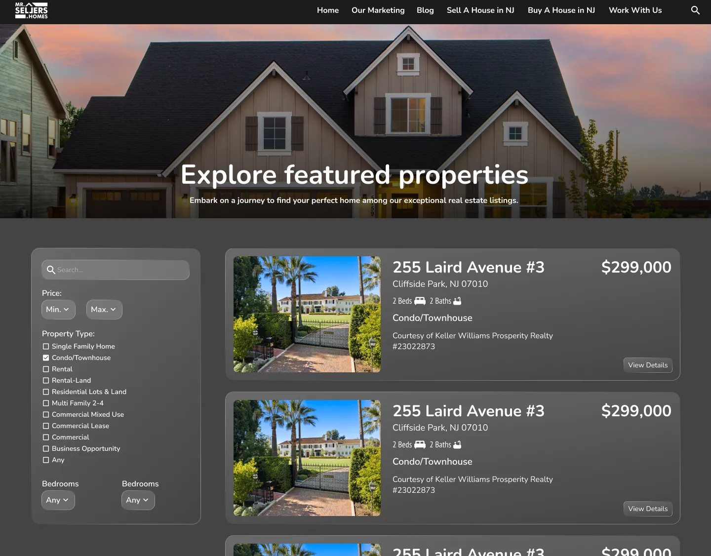 Dark real estate listing website with featured property cards