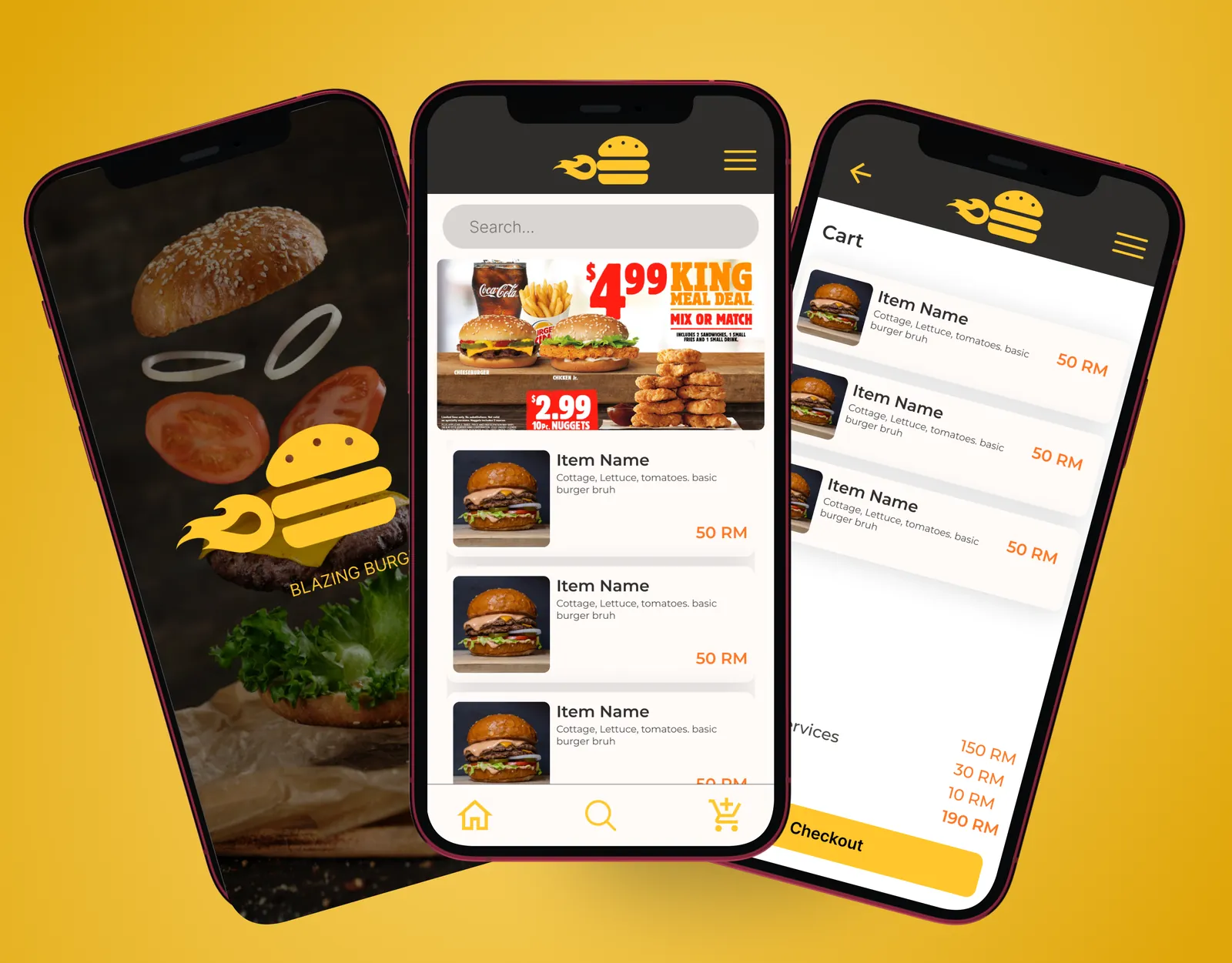 Dark restaurant mobile app with warm orange accents, menu items and a cart screen