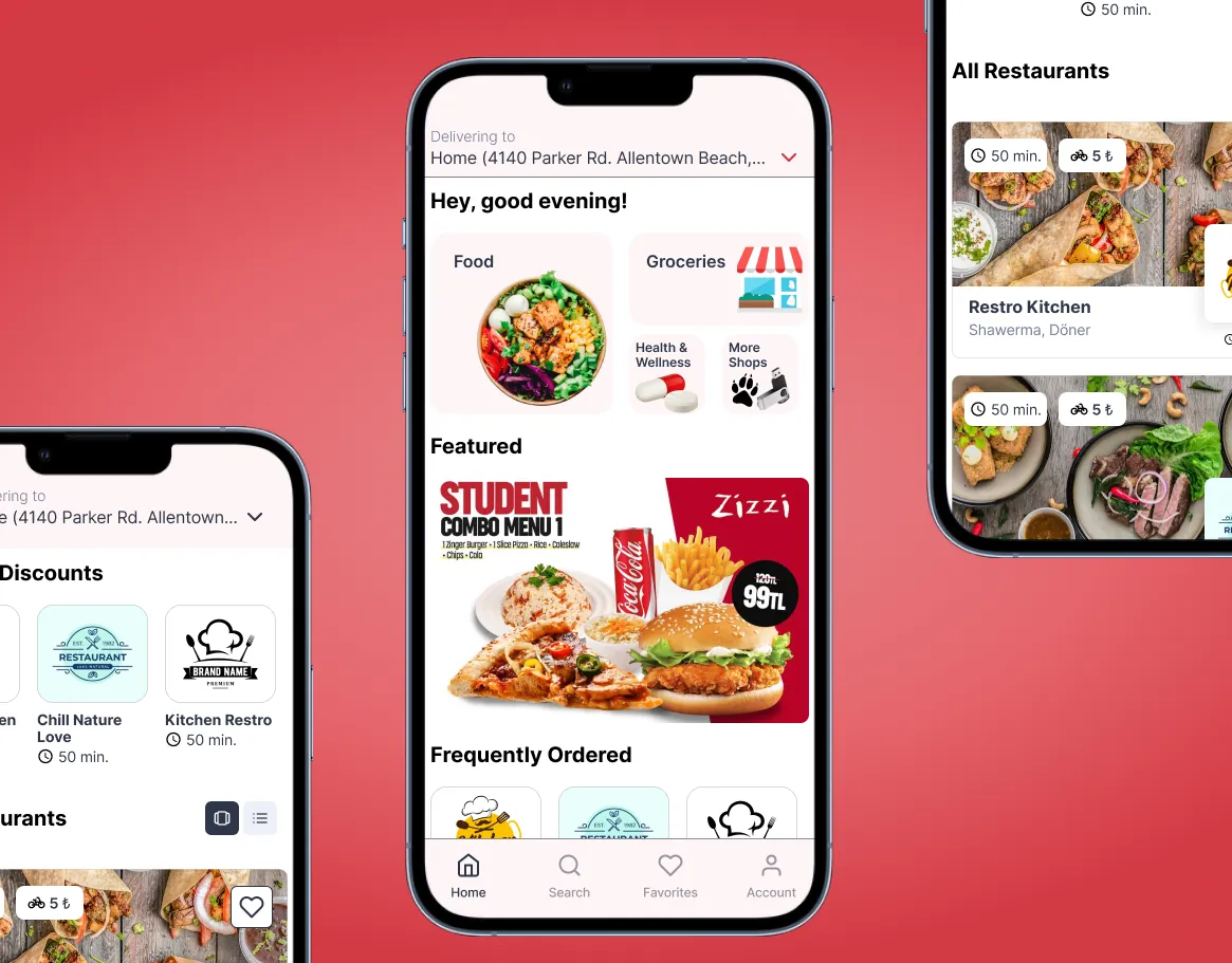 Food ordering app screens showing categories, a combo menu banner and a list of restaurants