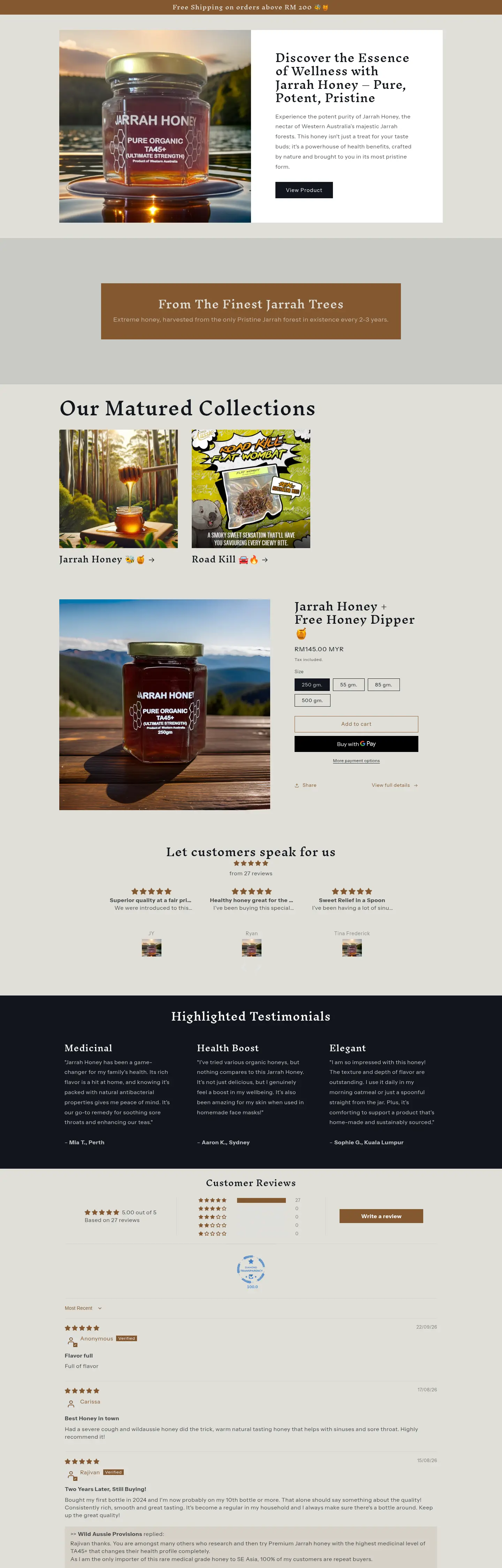 Wild Aussie Provisions hero: Discover the Essence of Wellness with Jarrah Honey, next to a jar of Jarrah honey